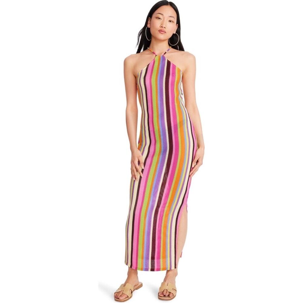 NEW Steve Madden Multicolor Rainbow Striped Sleeveless Halter Maxi Dress Sz S